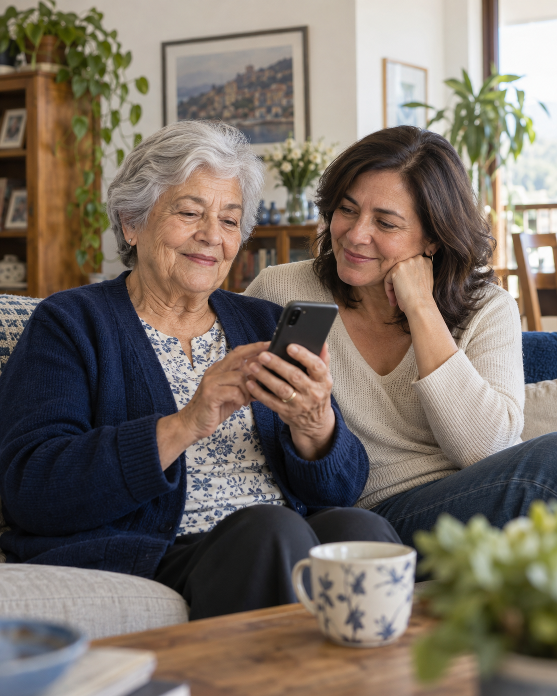 Escena ilustrativa de una mujer mayor y su hija compartiendo un momento con el teléfono